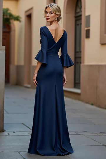 Navy Mermaid Flare Sleeve V-Neck Mother Of The Bride Dress